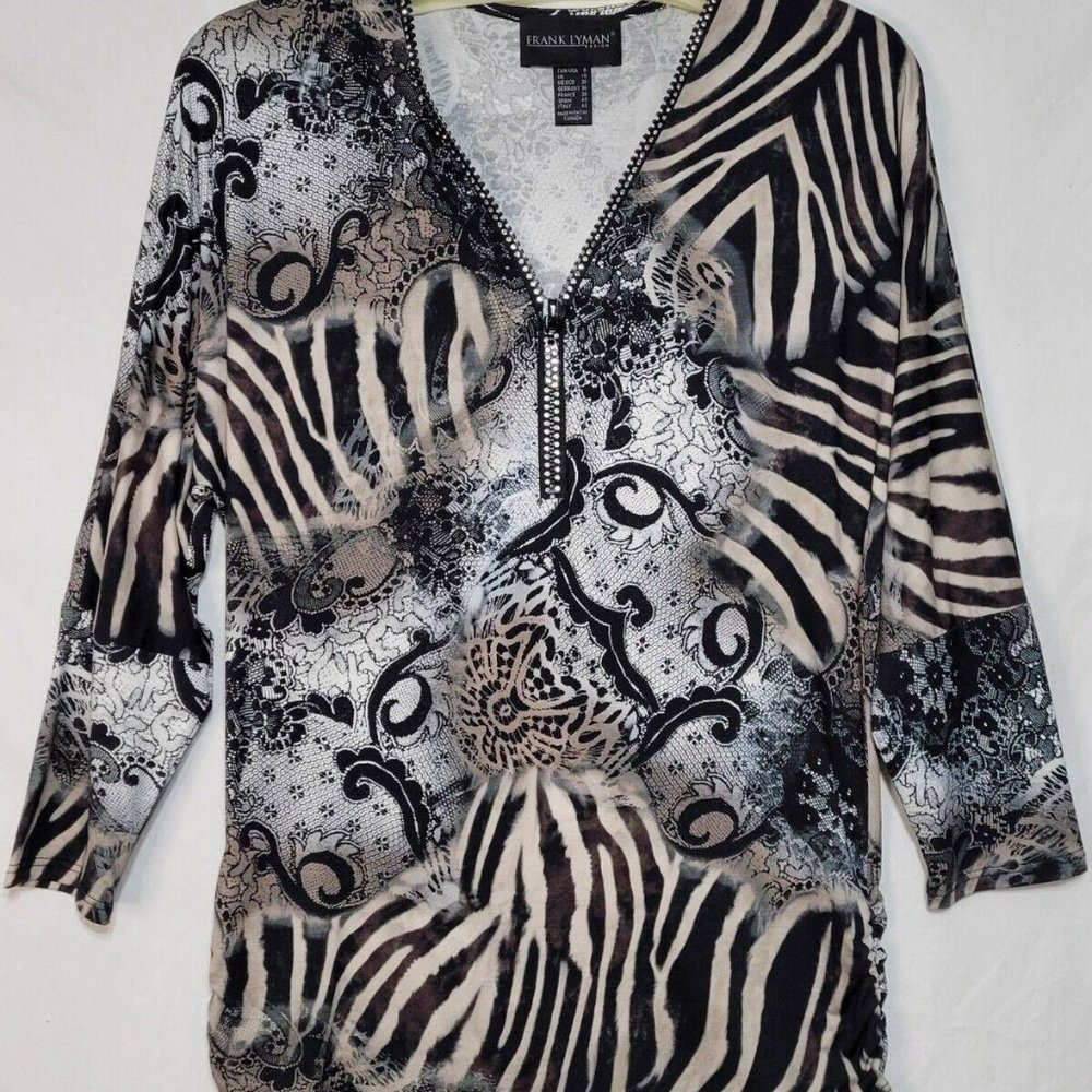 Frank Lyman Design 3/4 Sleeve Quarter Zip Animal Print - Women's 8 - Vintage